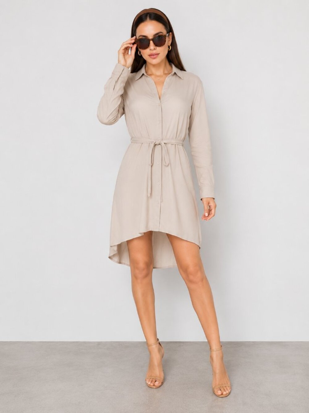 Tan Button Up Shirt Dress Belted High Low Hem NWT